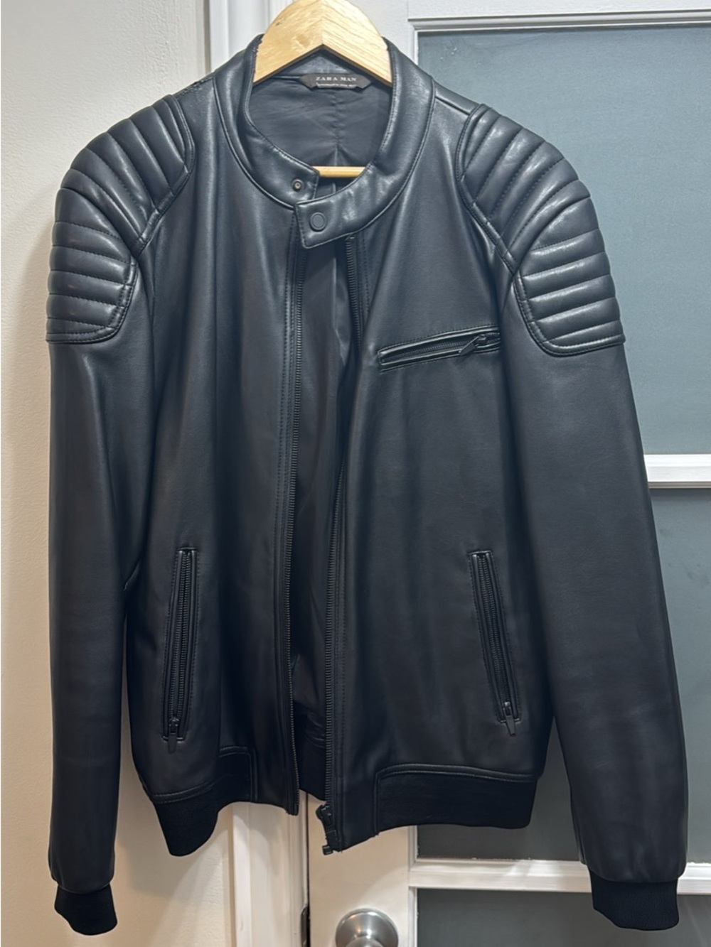 Zara Black Quilted-Shoulder Leather Bomber Jacket